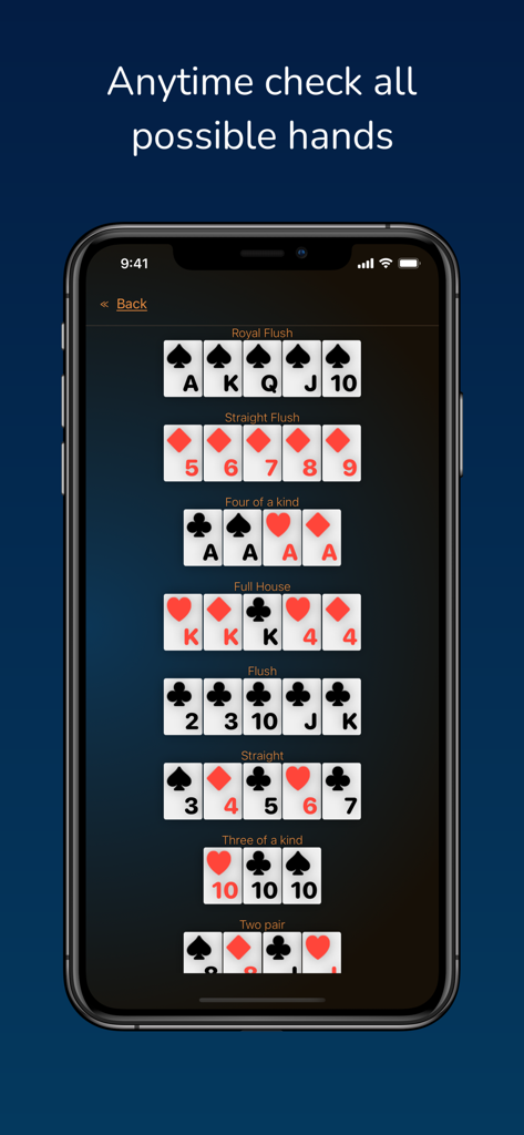 Poker Hands Quiz - Pantalla móvil que muestra una lista de clasificaciones de manos de póker, desde Escalera Real hasta Doble Pareja.
