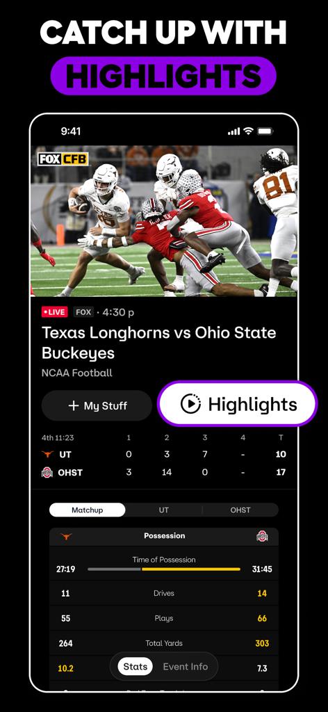 FOX One app showing live NCAA football highlights and game statistics for Texas vs Ohio State.