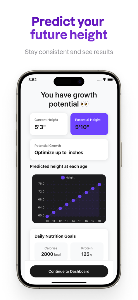 Interface do Taller App mostrando previsão de altura, gráfico de potencial de crescimento e metas diárias de nutrição.