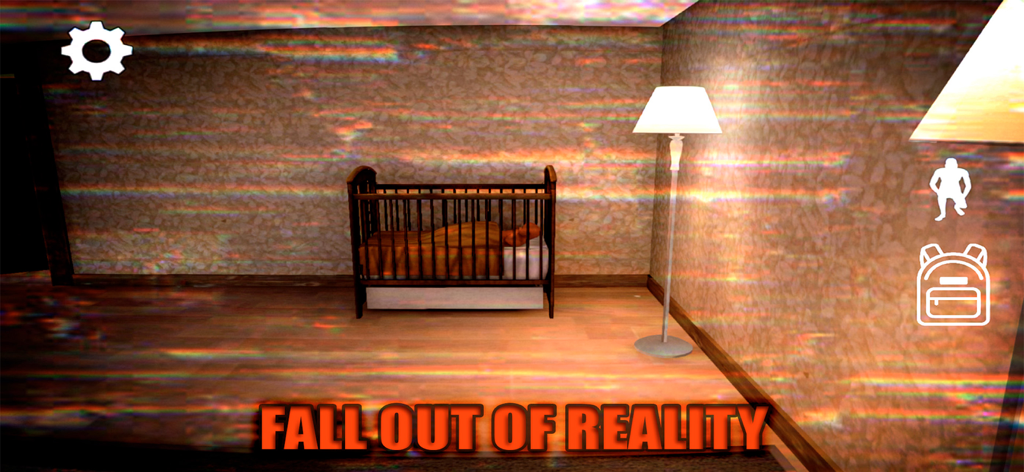 Backrooms Descent: Horror Game - Ein gruseliges Kinderzimmer mit einem Kinderbett und verzerrten visuellen Effekten im Horrorspiel Backrooms Descent.