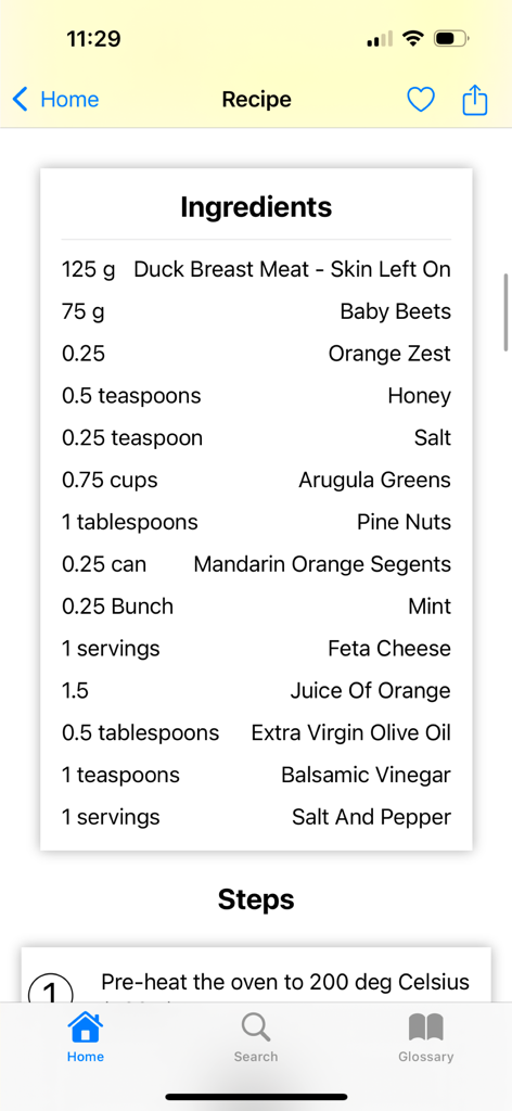 Yum‎ - Ingredient list for a duck breast recipe on the Yum mobile app.