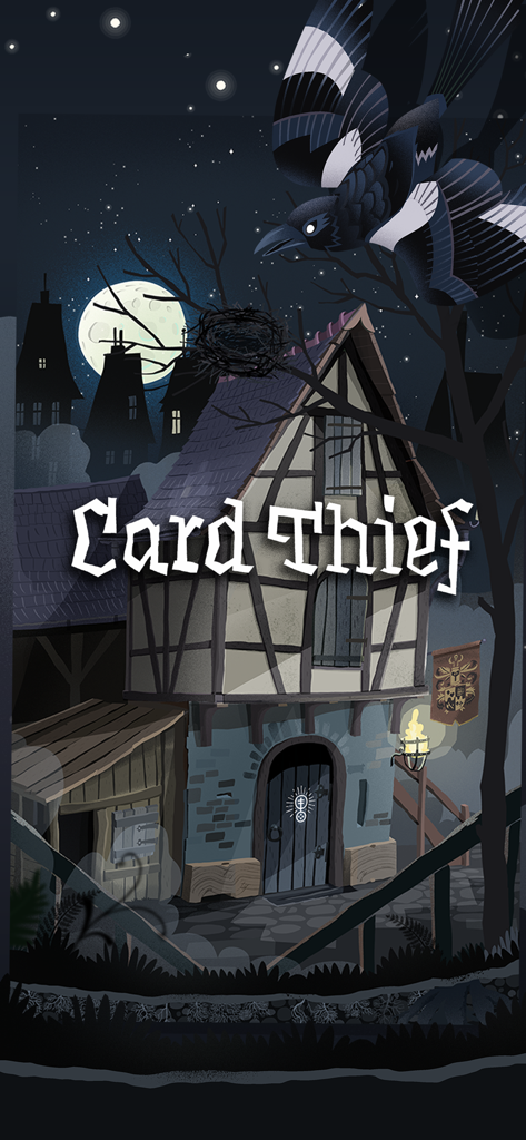 Card Thief - Card Thief game title screen showing a nocturnal medieval house and a bird