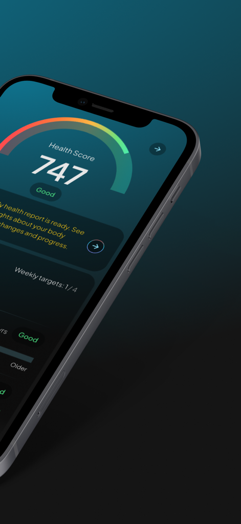 Pantalla de smartphone que muestra el panel de la aplicación Hume Health con una puntuación de salud de 747