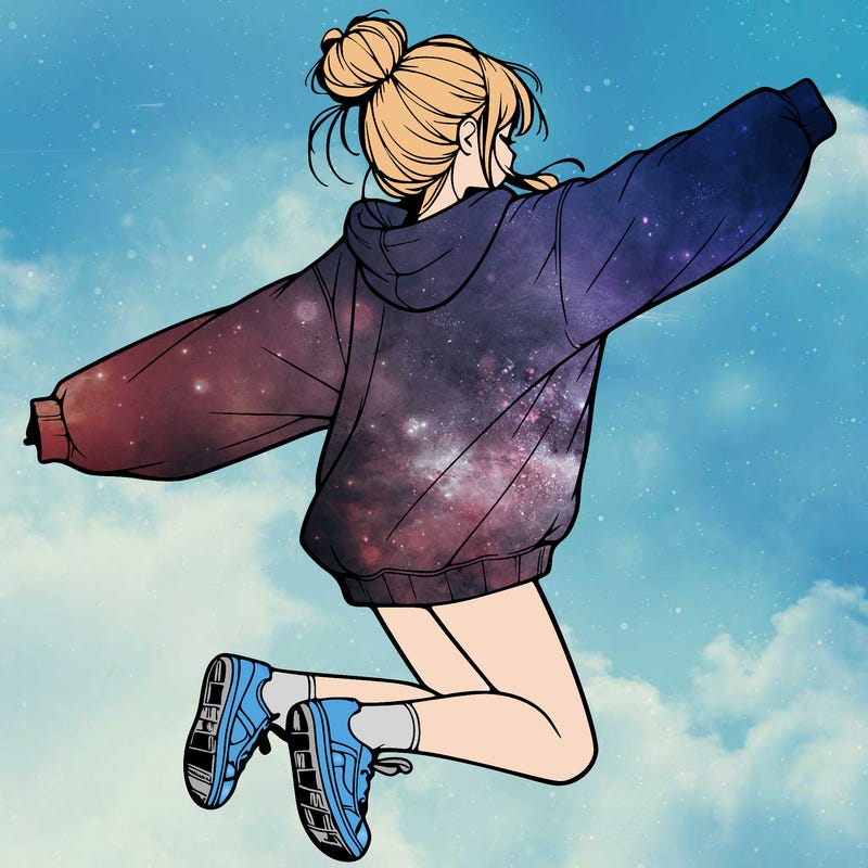 realistic girl jumping with a bun and oversized sweatshirt