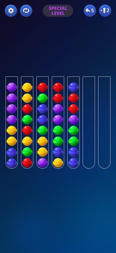 Ball Sort Puzzle: Color Bubble - A special level in the Ball Sort Puzzle game featuring colorful bubbles in glass tubes against a blue background.