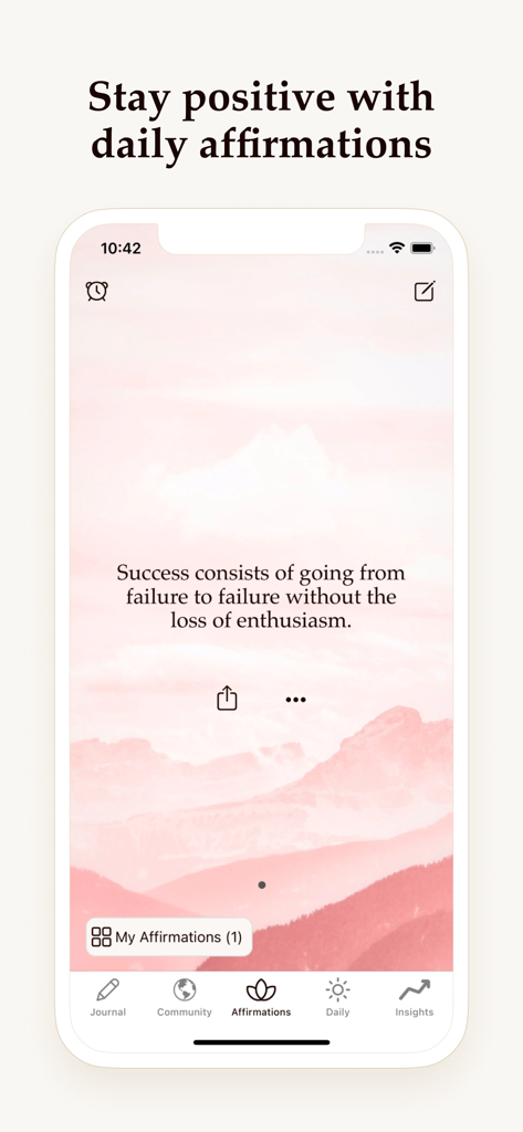 Gratitude Plus – Journal - Interface de l'application Gratitude Plus affichant une citation d'affirmation quotidienne positive sur un fond de montagne rose pâle.