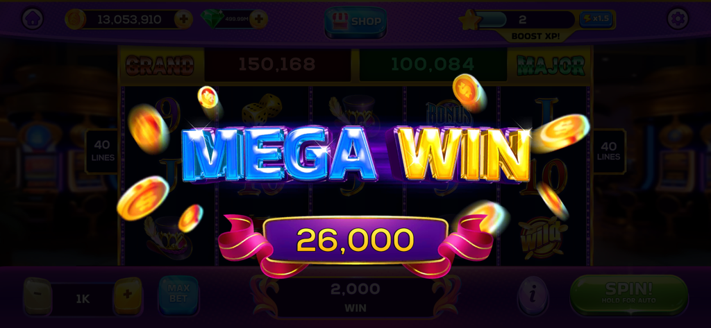 Mega Win celebration screen in Crazy Slots Royal Casino Game showing a 26000 coin prize with falling gold coins