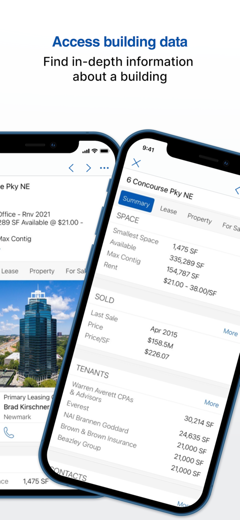CoStar mobile app interface showing in depth commercial real estate building information and tenant lists