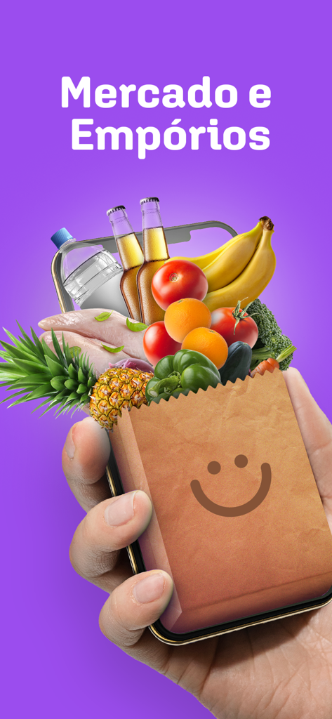 Quero Delivery - A hand holding a smartphone with a grocery bag full of fresh produce representing supermarket delivery