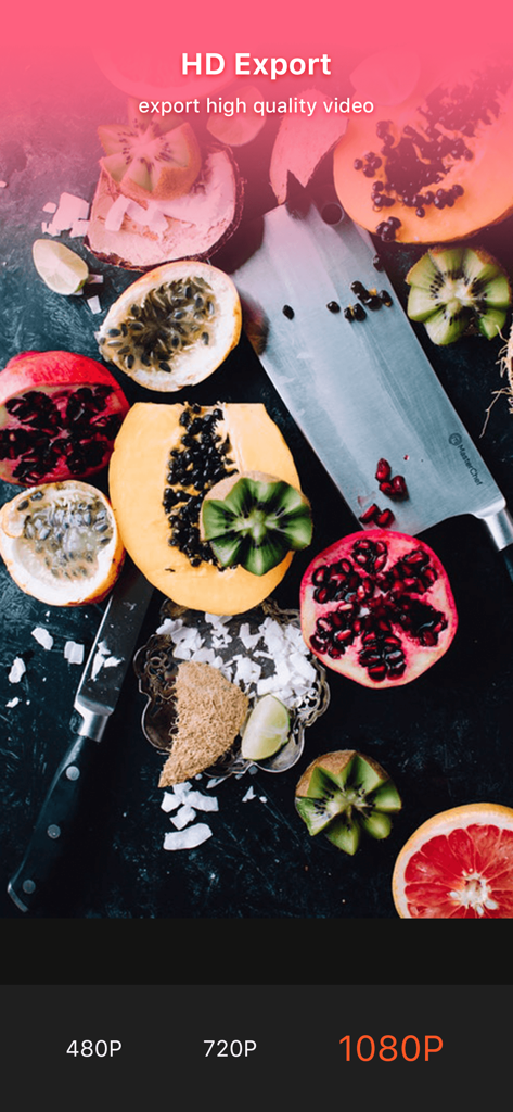 VideoShow PRO - Video Editor - VideoShow PRO interface showing 1080P HD video export settings with a high quality fruit video preview