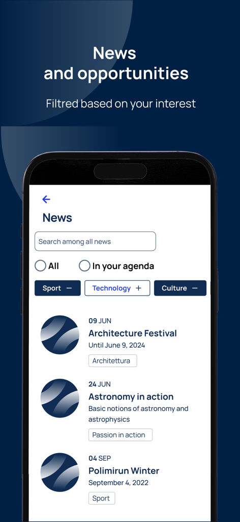 Polimi App - News and opportunities section of the Polimi App featuring a list of university events and category filters
