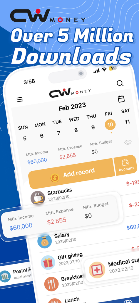 CWMoney mobile app interface for tracking monthly income and expenses