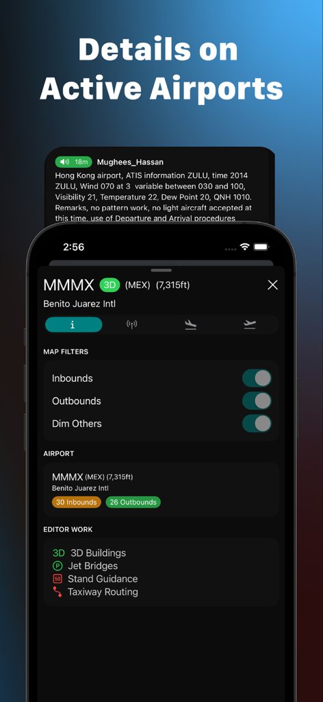 InfiniteInfo - InfiniteInfo app screen showing active airport details for Benito Juarez International including weather information and flight filters