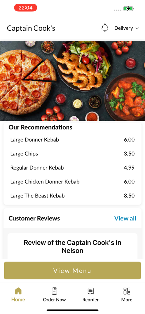 Captain Cook's - The home screen of Captain Cook's food delivery app featuring a menu list and delicious food images