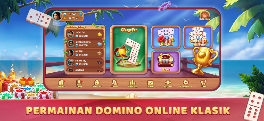 Domino QiuQiu 99: Gaple Online - Menú principal de la aplicación móvil Domino QiuQiu 99 que muestra diferentes modos de juego como Gaple y QiuQiu