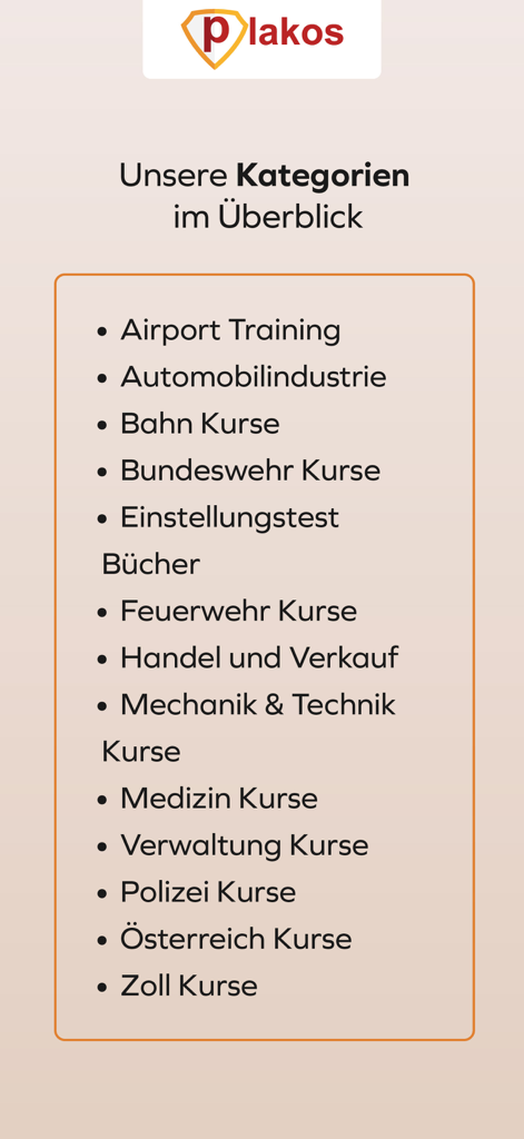 Plakos Prüfungstrainer - A list of professional exam preparation categories available in the Plakos app including police medical and automotive training