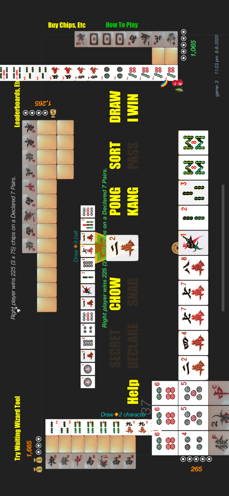 A digital board of Pinoy Mahjong featuring traditional tiles and gameplay action buttons