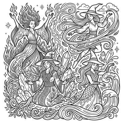 Dive into a world of magic with this stunning adult coloring page featuring four powerful elemental witches. Each witch intricately embodies the forces of fire, air, earth, and water, offering a captivating challenge for experienced colorists.