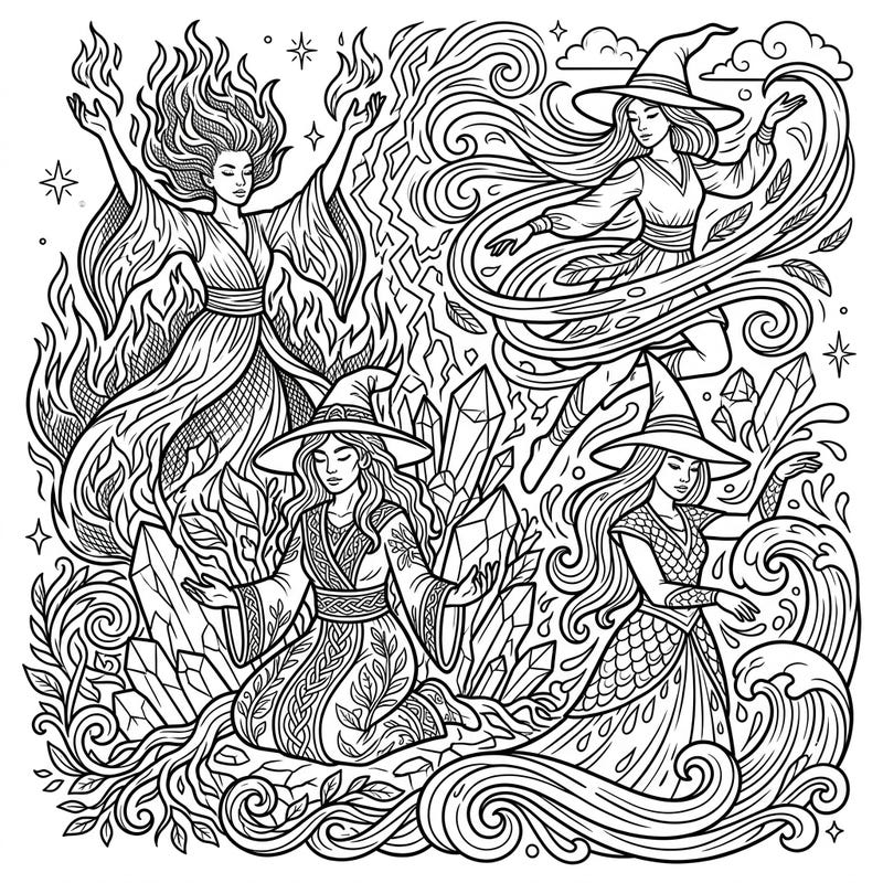 Dive into a world of magic with this stunning adult coloring page featuring four powerful elemental witches. Each witch intricately embodies the forces of fire, air, earth, and water, offering a captivating challenge for experienced colorists.