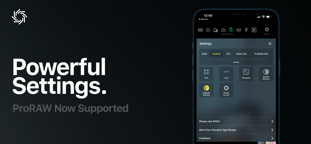 Manual Camera, Pro DSLR | RAW+ - Manual Camera app settings interface showing ProRAW support and photography tools like histogram and grid overlays