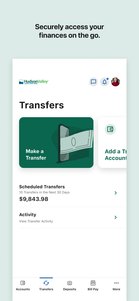 Hudson Valley CU Mobile - Hudson Valley CU Mobile app transfers interface with scheduled transactions and account transfer options
