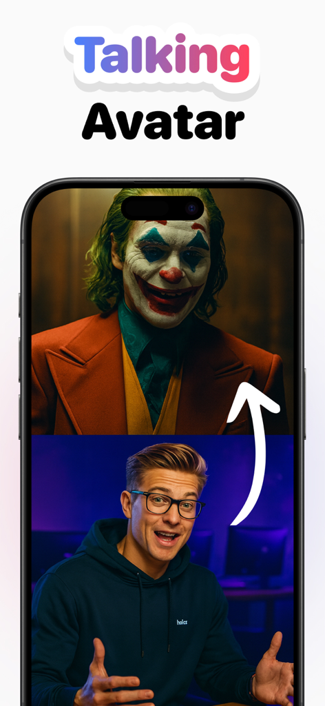 Ein Smartphone-Bildschirm zeigt die Sivu KI App-Oberfläche zur Erstellung eines sprechenden Avatars aus dem Foto einer Person