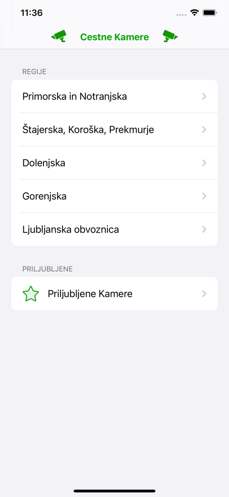 Cestne Kamere Traffic Camera - Cestne Kamere app main menu listing traffic camera regions in Slovenia