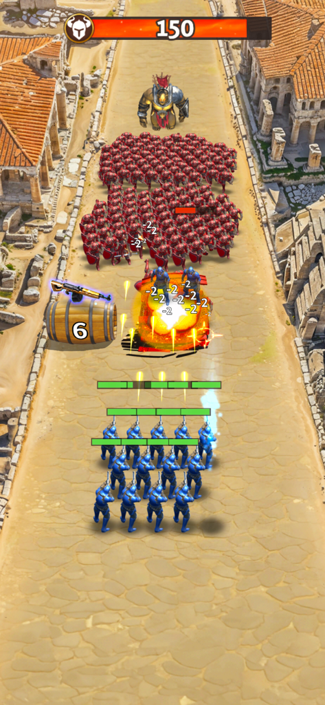 古代の石畳の道で衝突する青と赤の軍隊を備えた、Total Battleの戦術的な戦闘シーン。