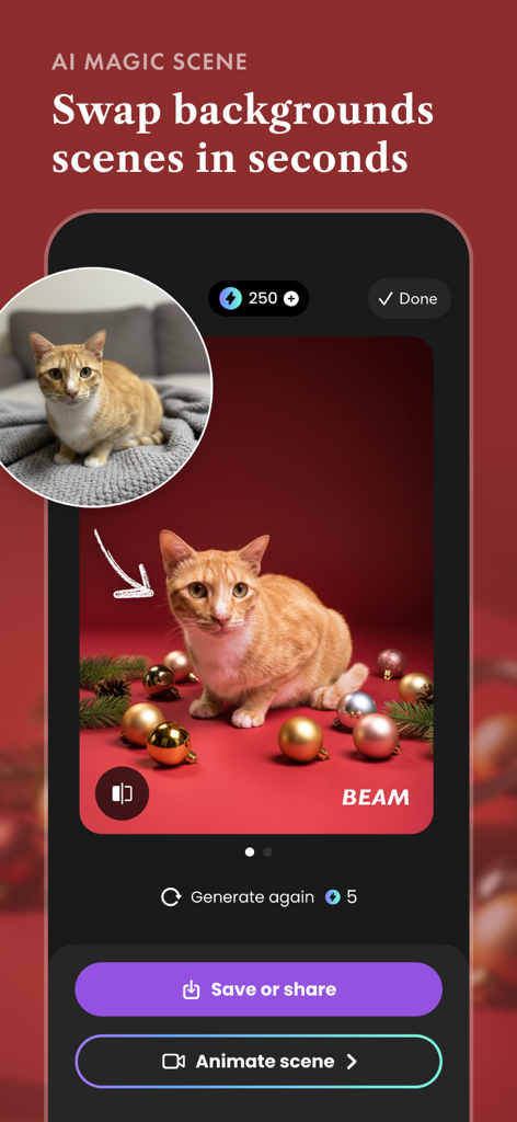 BEAM app interface showing the AI Magic Scene feature swapping a cat's background for a festive holiday setting