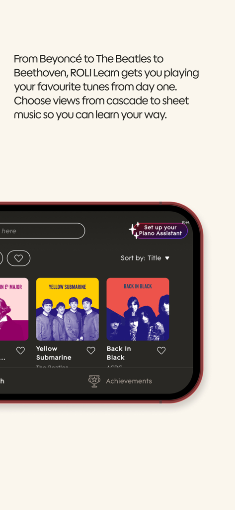 Interfaz de la aplicación ROLI Learn mostrando una diversa biblioteca de canciones para aprender piano