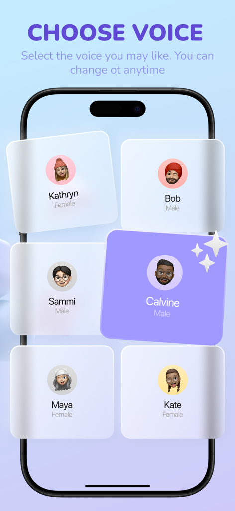 AI Text to Speech Reader app voice selection screen featuring different male and female voice profiles