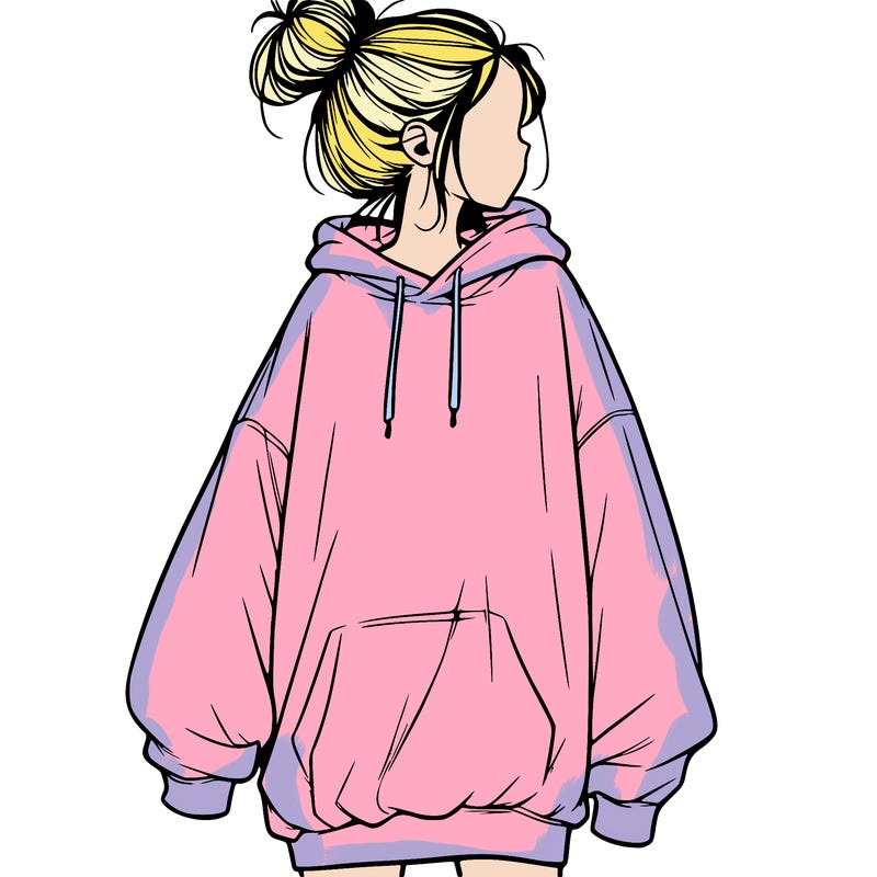 realistic girl with a oversized sweatshirt on and a bun