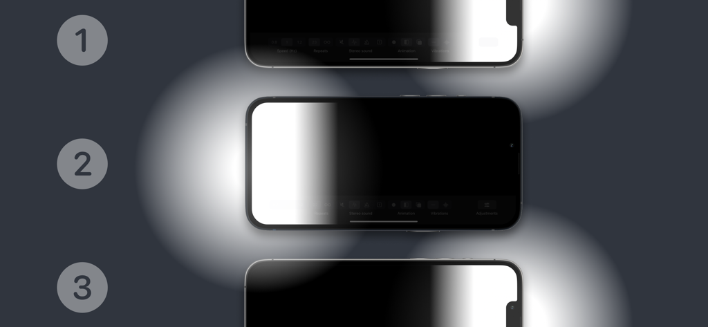 Una sequenza di tre schermi di smartphone che mostrano la stimolazione bilaterale visiva per la terapia EMDR.