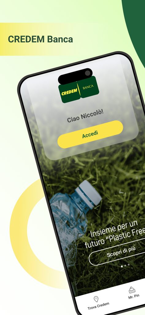 Credem Banca mobile app login interface showing a welcome message and access button