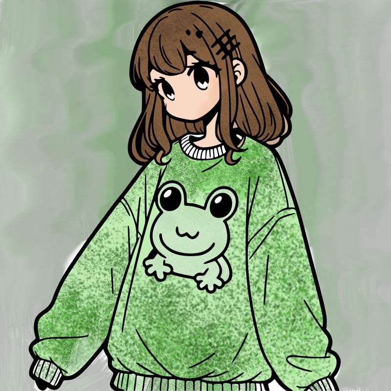 girl wearing frogging sweatshirt