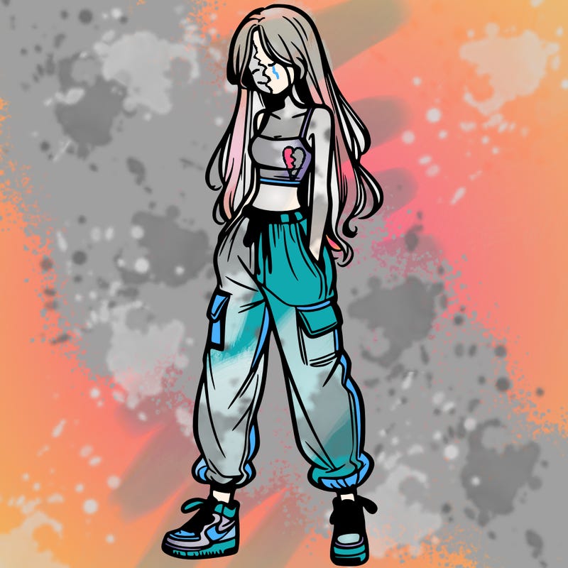 girl in baggy pants crop top and long hair