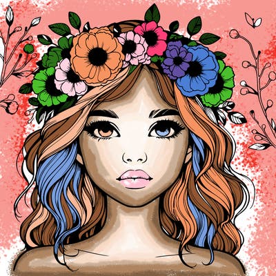 beautiful realistic girl with freckles and a flower crown