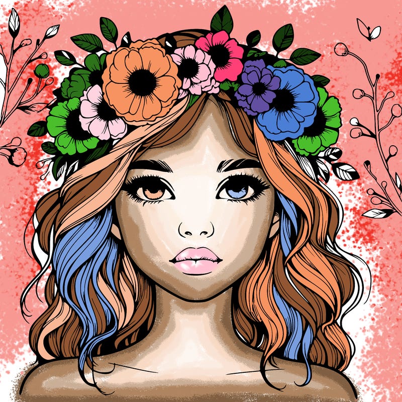 beautiful realistic girl with freckles and a flower crown