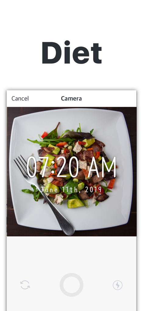 Timestamp Camera - Date Stamp - Uma foto com carimbo de data/hora de uma salada usada para acompanhamento de dieta no aplicativo