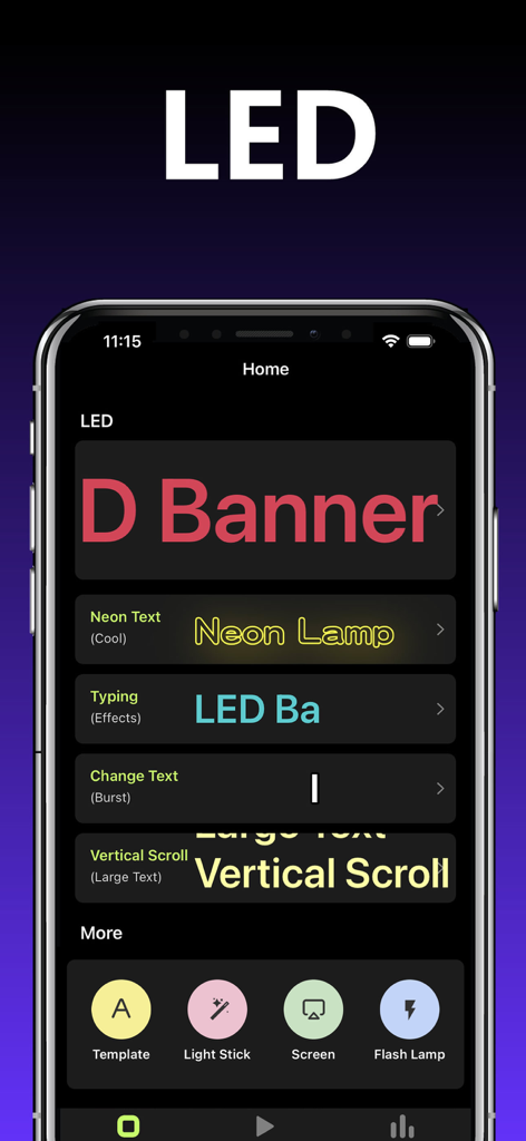 LED Banner－LED - Smartphone screen showing the LED Banner app with different text effects like neon and typing