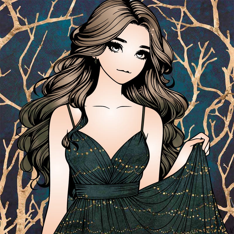 realistic girl in flowy silky prom dress