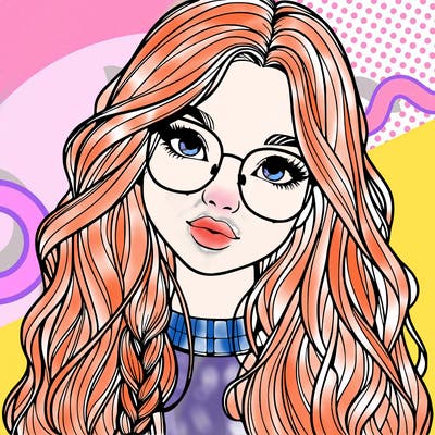 girl with long hair and freckles and glasses realistic