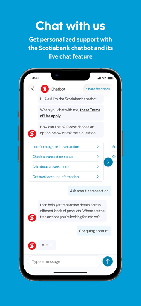 Scotiabank - Interface du chatbot de l'application mobile de la Banque Scotia offrant un soutien client personnalisé et une assistance transactionnelle.