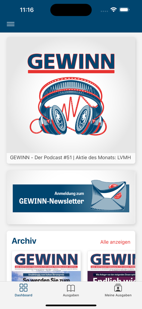 GEWINN: Das Wirtschaftsmagazin - GEWINNビジネス雑誌アプリのインターフェース。ポッドキャストエピソード、ニュースレター登録、バックナンバーが表示されています。