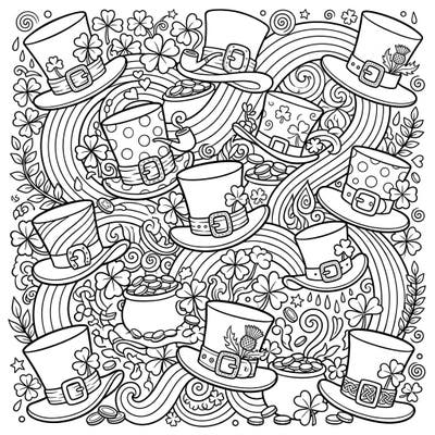 Get ready for a stroke of luck with this intricate coloring page showcasing a vibrant collection of leprechaun hats. Each hat is surrounded by charming St. Patrick's Day symbols, making for a truly immersive coloring experience.