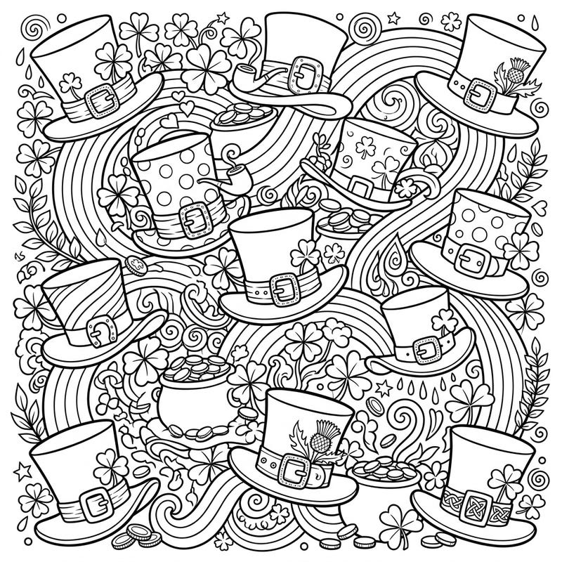 Get ready for a stroke of luck with this intricate coloring page showcasing a vibrant collection of leprechaun hats. Each hat is surrounded by charming St. Patrick's Day symbols, making for a truly immersive coloring experience.