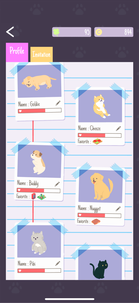 Sundae Picnic - A list of collected pet profiles in Sundae Picnic showing cats and dogs with their friendship levels.