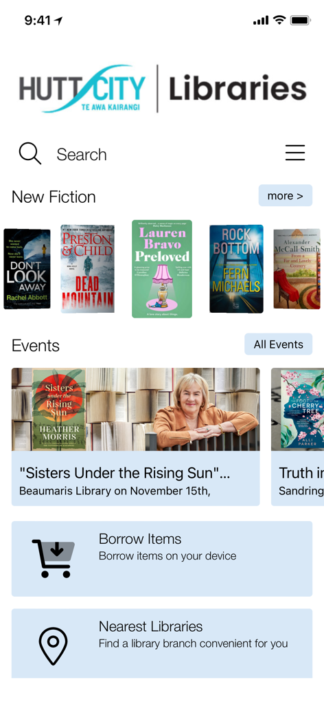 Hutt City Libraries - Hutt City Libraries mobile app home screen showing new fiction books and upcoming local events