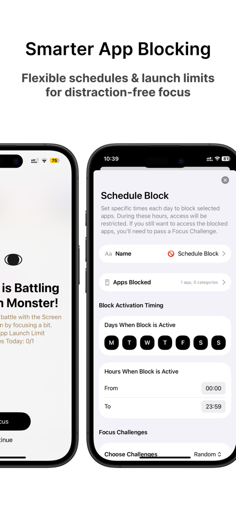 ScreenBreak: Cold Turkey Block - Interfaz para configurar horarios flexibles de bloqueo de apps y desafíos de enfoque en la app ScreenBreak.