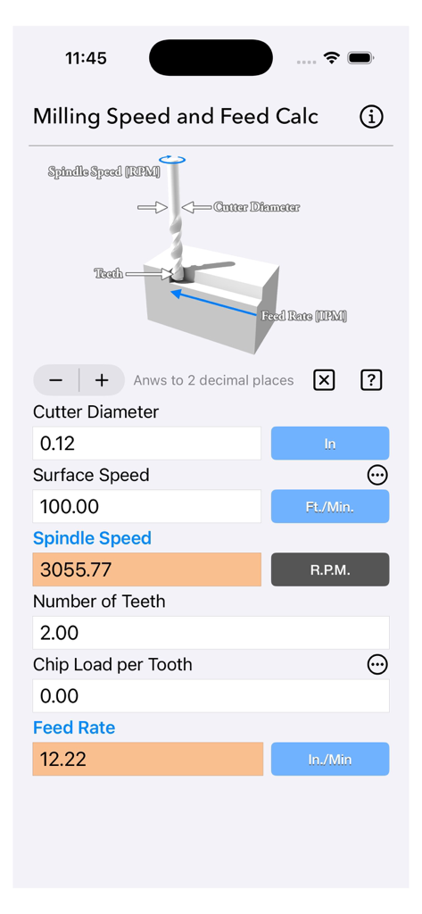Milling Speed and Feed Calc - The Milling Speed and Feed Calc app interface displaying spindle speed and feed rate results.